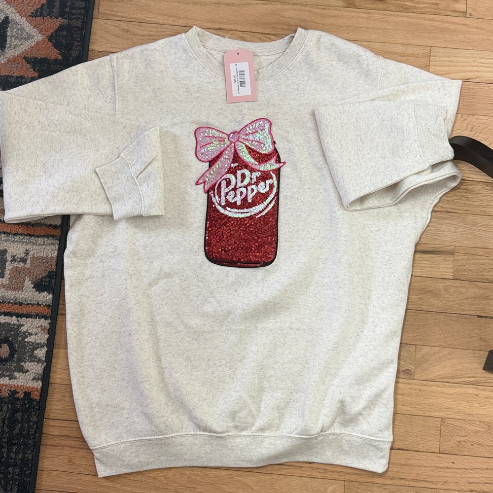 NWT XL dr.pepper lover bow pullover crewneck sweatshirt heather oatmeal coquette - Picture 9 of 10